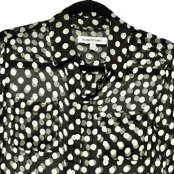 Elizabeth and James 100% Silk Black and White Polka Dot Button Front Blouse Top - Picture 3 of 15